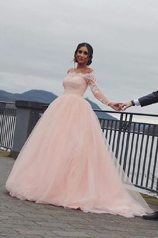 A-line Blush Pink Off Shoulder Long Sleeves Wedding Dress WD688