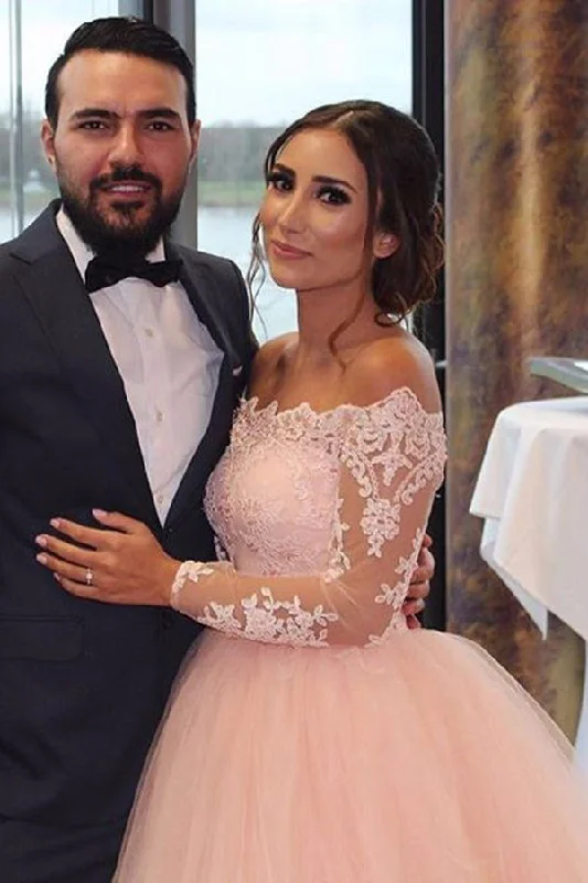 A-line Blush Pink Off Shoulder Long Sleeves Wedding Dress WD688