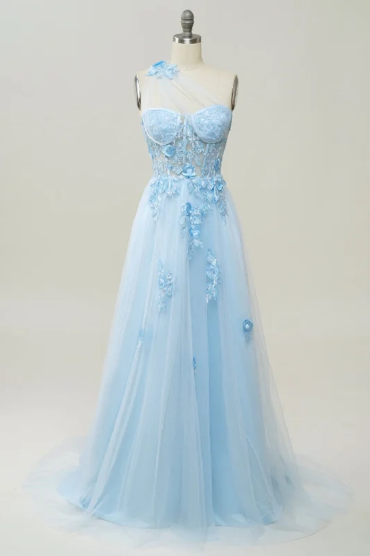 A Line One Shoulder Sky Blue Long Prom Dress with Appliques