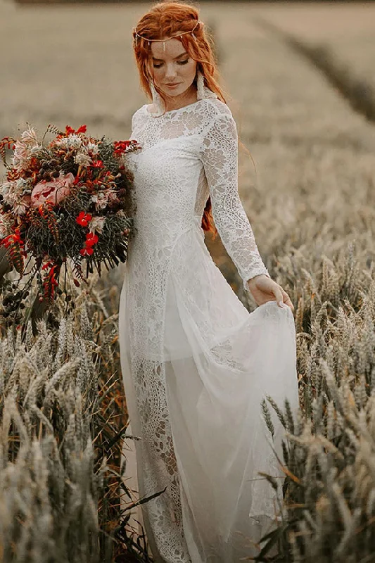 A-line Scoop Neck Backless Long Sleeves Beach Wedding Dresses WD703