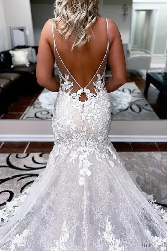 A-line Spaghetti Straps Mermaid Wedding Dress With Lace Appliques WD693