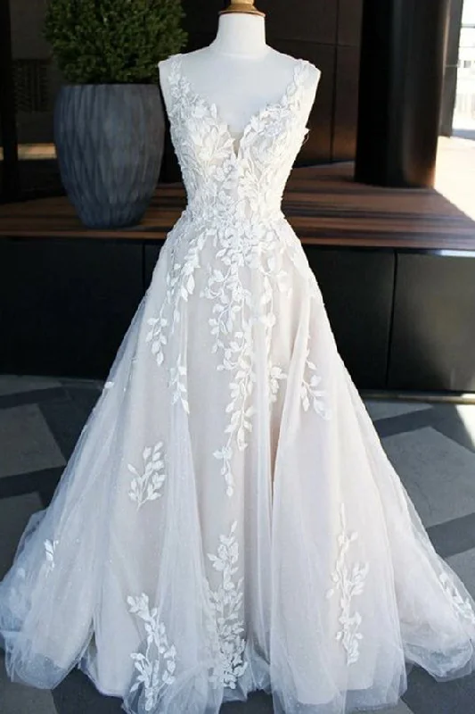 A-line V -neck Sweep Train Wedding Dresses With Lace Appliques WD698