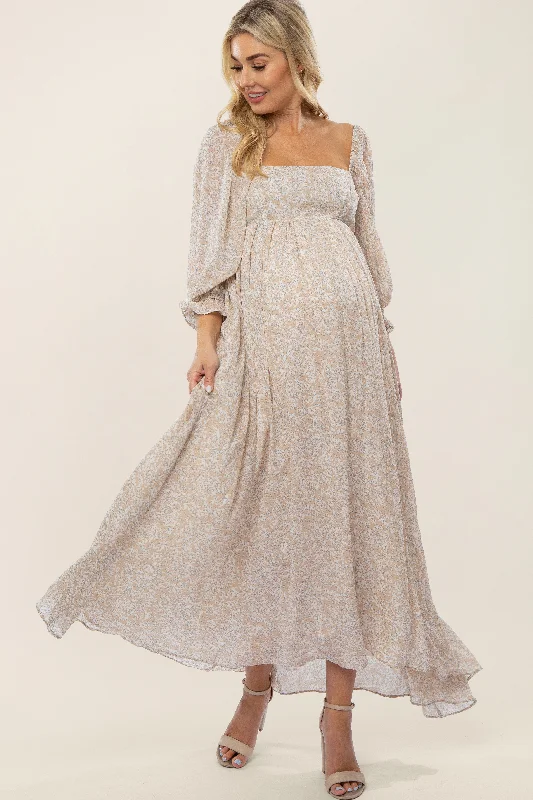 Beige Chiffon Printed Square Neck Empire Maternity Maxi Dress