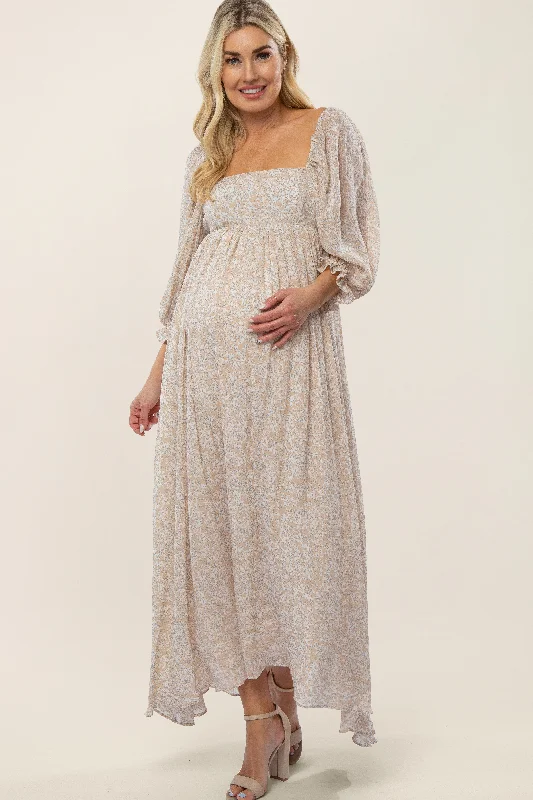 Beige Chiffon Printed Square Neck Empire Maternity Maxi Dress