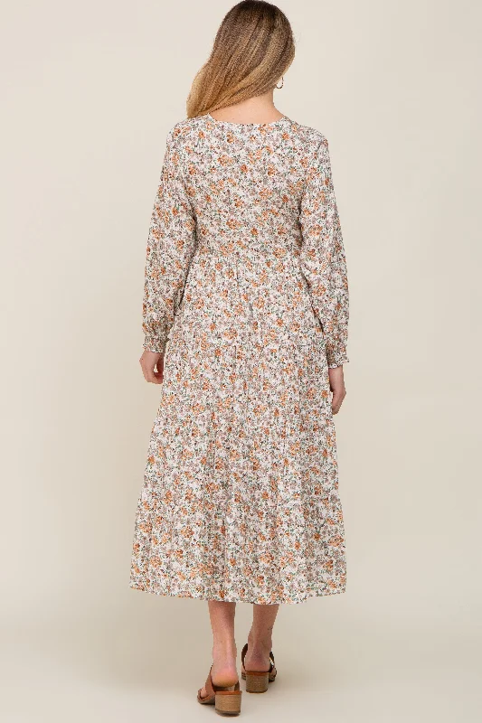 Beige Floral Button Front Long Sleeve Tiered Maternity Midi Dress