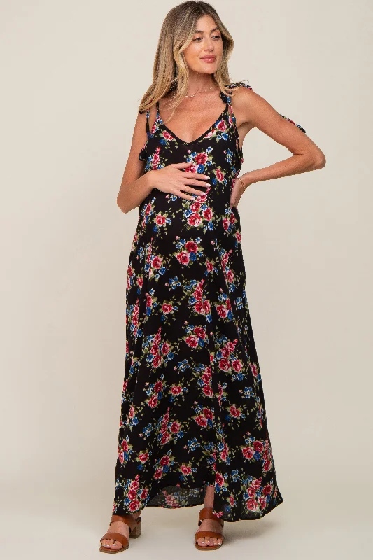 Black Floral Shoulder Tie Maternity Maxi Dress