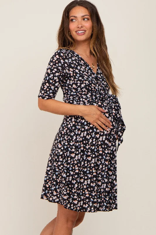 Black Floral Wrap Front V-Neck Short Sleeve Maternity Dress