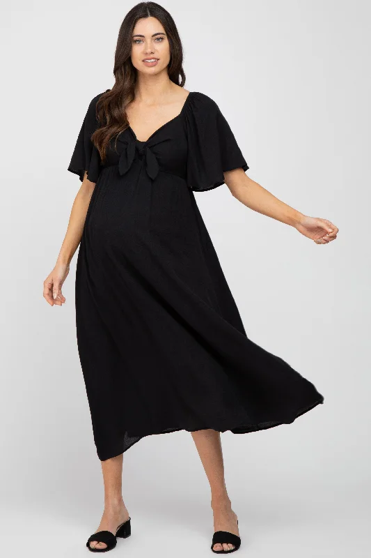 Black Front Tie Ruffle Sleeve Maternity Midi Dress