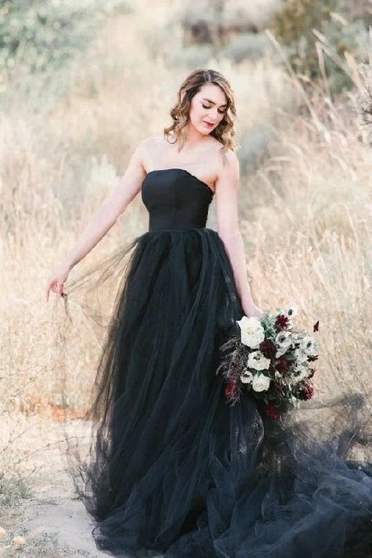 Black Gothic Wedding Dresses A-Line Sleeveless With Train WD704