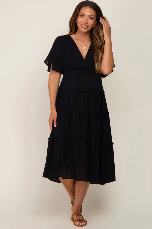 Black Ruffle Tiered V-Neck Maternity Midi Dress