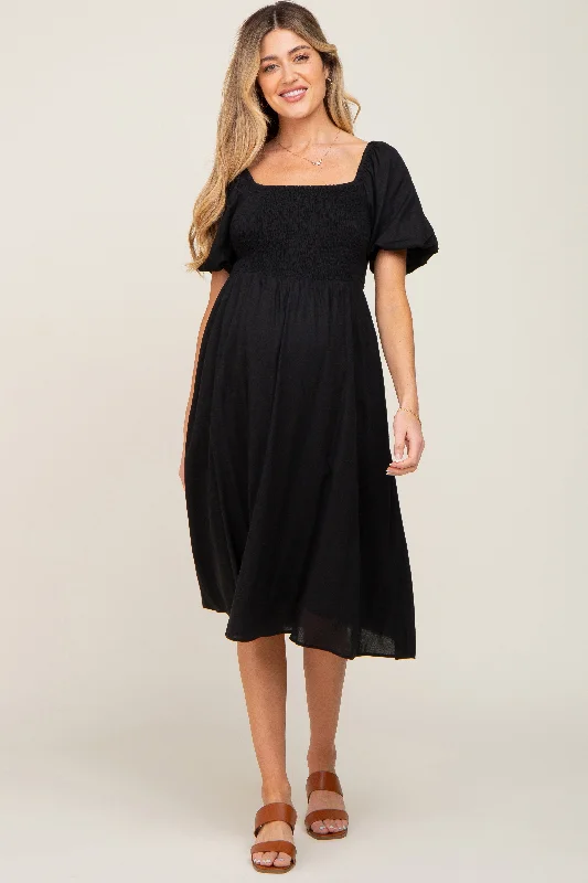 Black Smocked Puff Sleeve Maternity Midi Dress