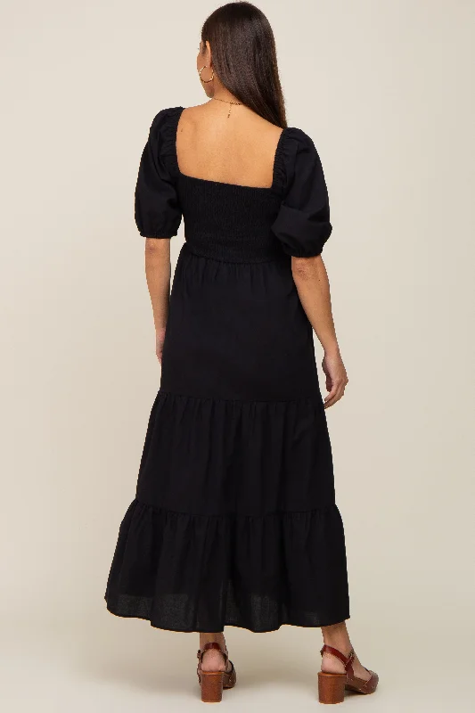 Black Square Neck Smocked Tiered Maternity Maxi Dress