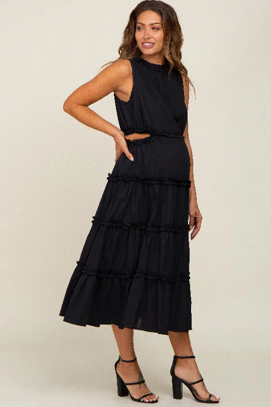 Black Tiered Ruffle Cutout Maternity Midi Dress