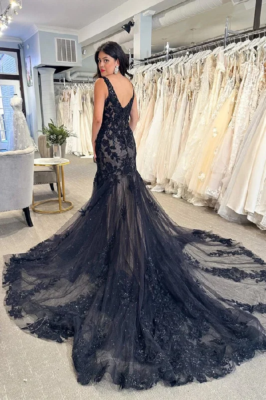 Black Tulle Appliques V-Neck Trumpet Long Wedding Dress WD699