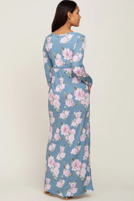 Blue Floral Button Front Maternity Maxi Dress