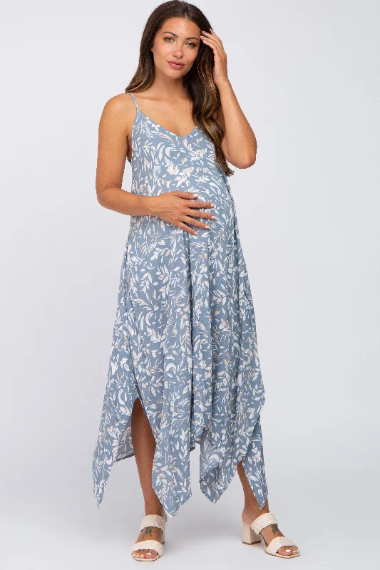 Blue Floral Handkerchief Maternity Midi Dress