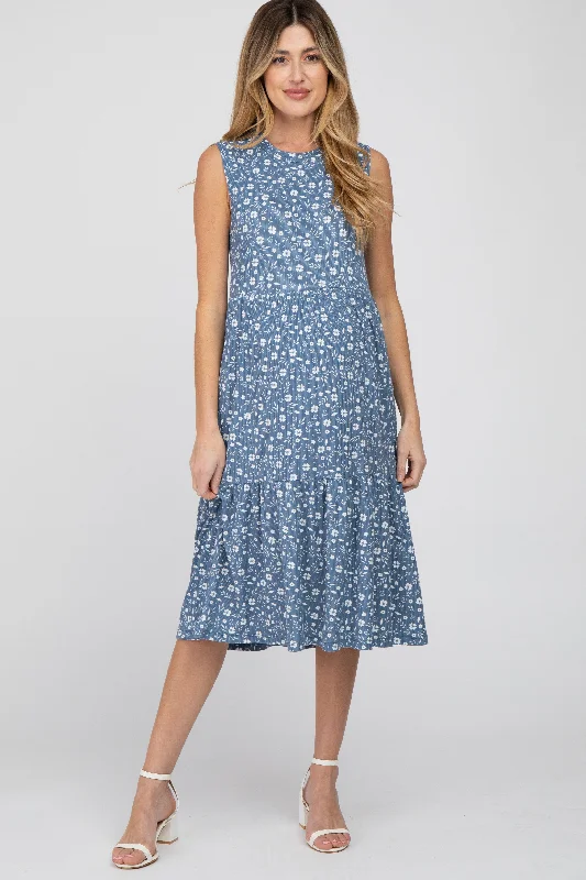 Blue Floral Ribbed Tiered Maternity Midi Dress