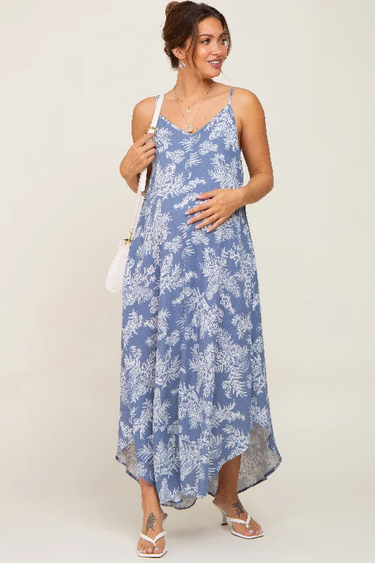 Blue Floral Round Hem Maternity Midi Dress