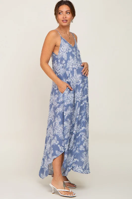 Blue Floral Round Hem Maternity Midi Dress