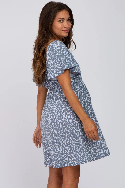 Blue Floral Short Sleeve Maternity Dress