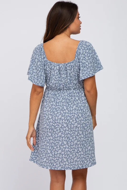 Blue Floral Short Sleeve Maternity Dress