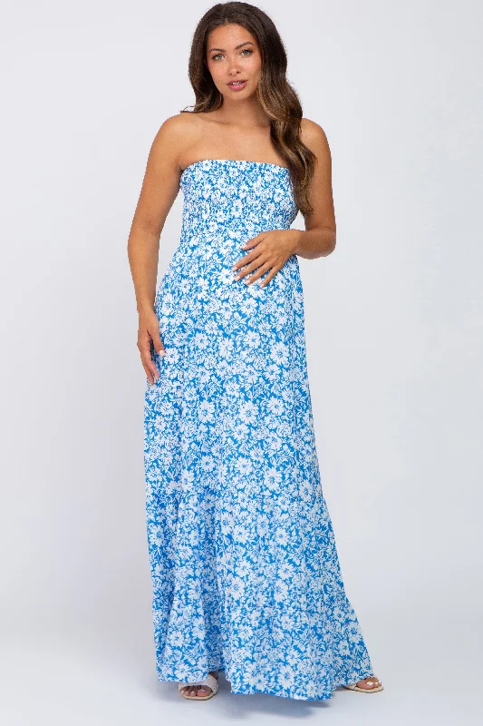 Blue Floral Strapless Smocked Maternity Maxi Dress