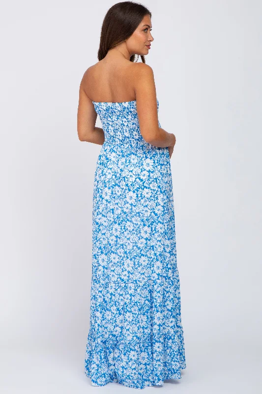 Blue Floral Strapless Smocked Maternity Maxi Dress