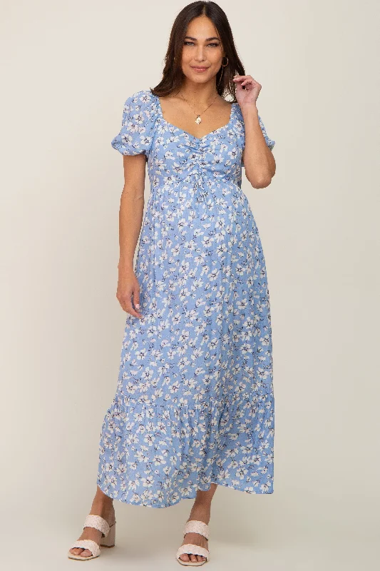 Blue Floral Sweetheart Drawstring Neck Short Sleeve Maternity Midi Dress