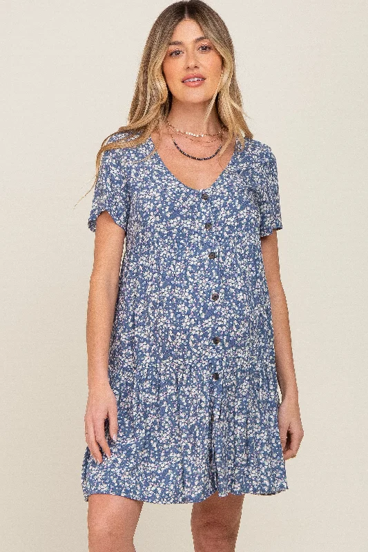 Blue Floral Tiered Button Accent Maternity Dress