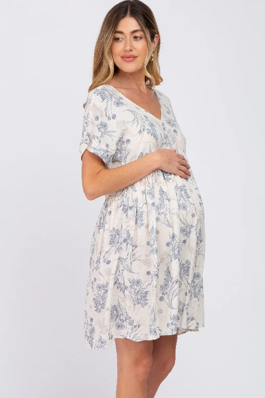 Blue Floral V-Neck Maternity Dress