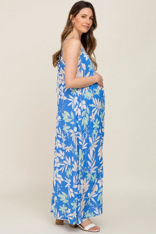 Blue Floral V-Neck Maternity Maxi Dress