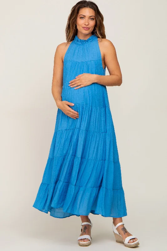 Blue Tiered High Neck Maternity Maxi Dress