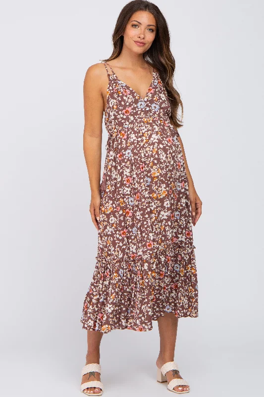 Brown Floral Empire Waist Ruffle Hem Maternity Maxi Dress