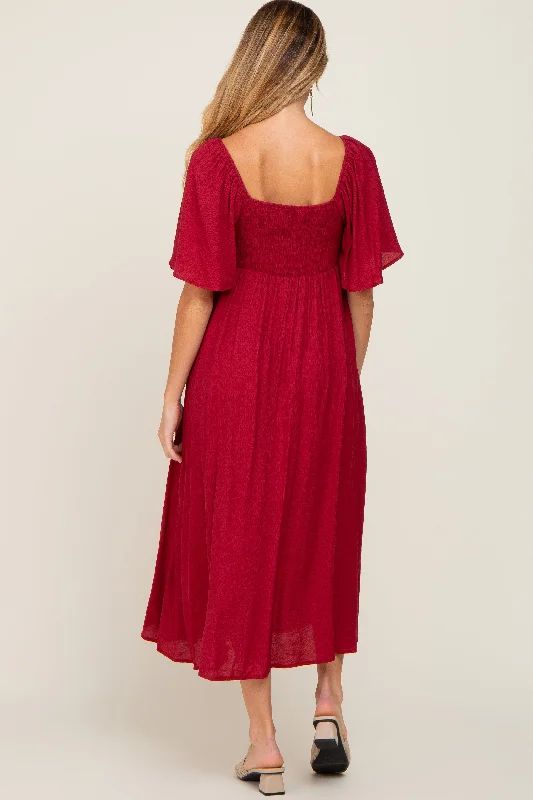 Burgundy Front Tie Ruffle Sleeve Maternity Midi Dress