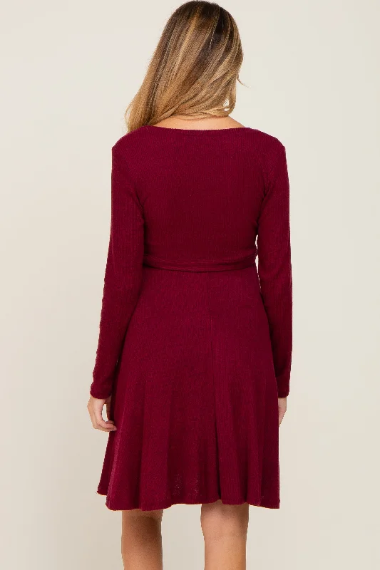 Burgundy Soft Rib Knit Sash Tie Maternity Dress