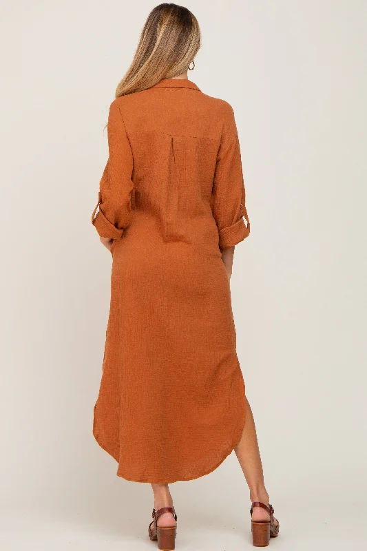 Camel Button Down 3/4 Sleeve Maternity Midi Dress