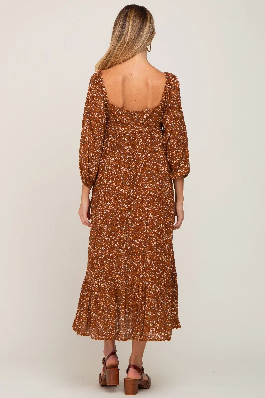 Camel Floral 3/4 Sleeve Maternity Midi Dress