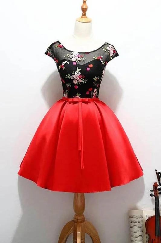 Cap Sleeve Red and Black Cute Homecoming Short Prom Dresses PD218