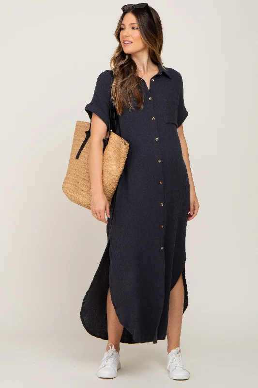 Charcoal Button Down Maternity Midi Dress