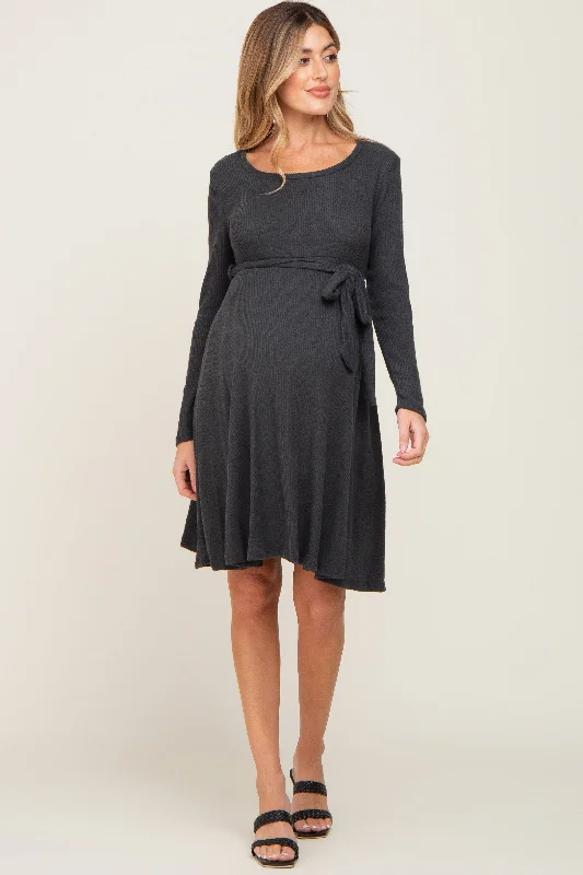 Charcoal Soft Rib Knit Sash Tie Maternity Dress