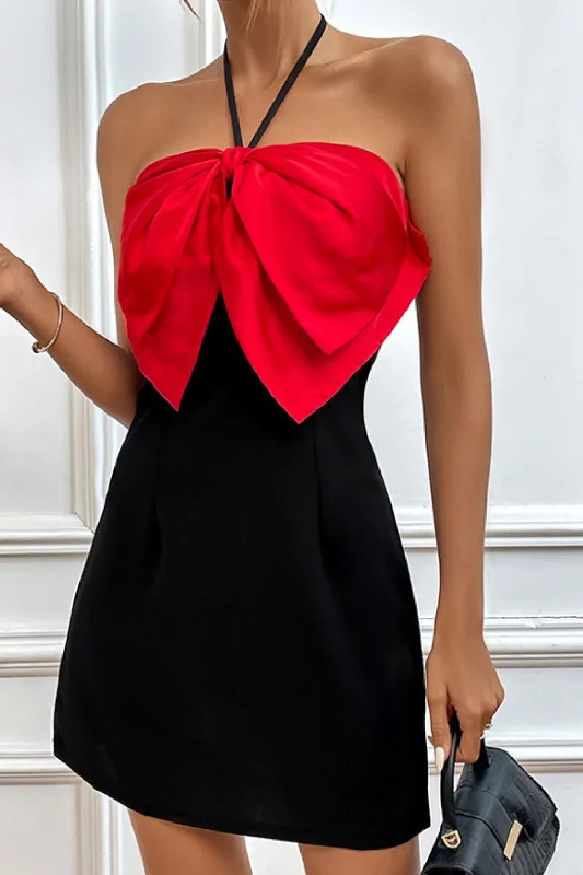 Black Red Bow Halter Neck Mini Dress