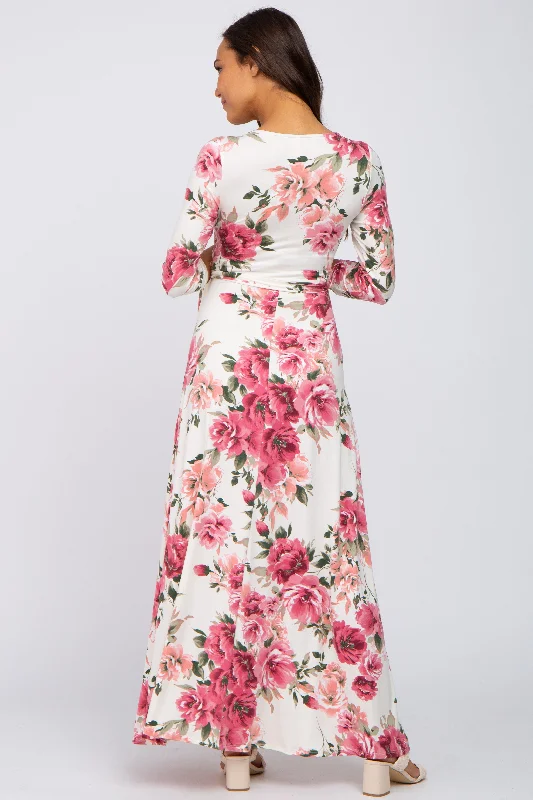 Cream Floral Maternity Wrap Maxi Dress