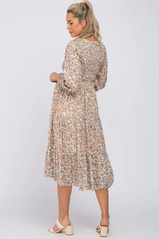 Cream Floral Smocked 3/4 Sleeve Maternity Midi Dress