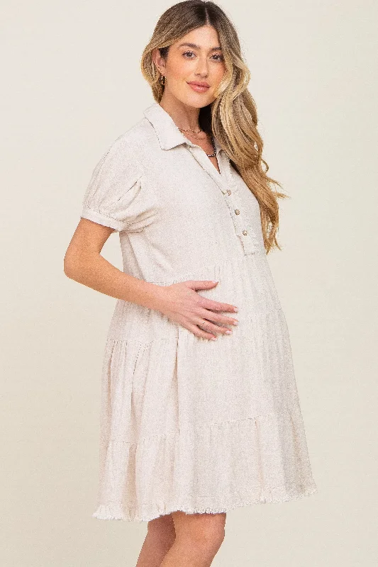 Cream Tiered Collared Linen Maternity Dress