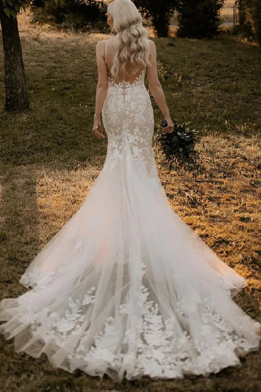 Elegant Mermaid V Neck Lace Long Wedding Dresses with Appliques WD694