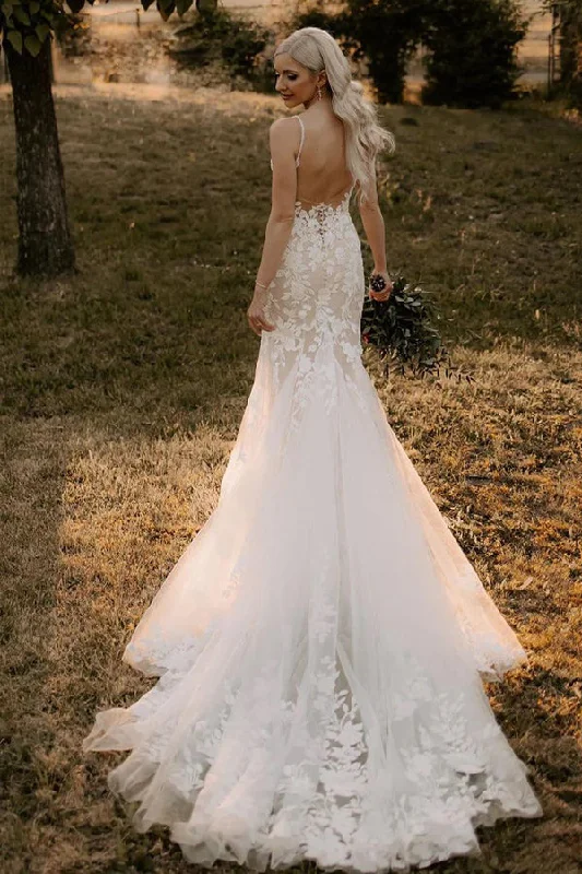 Elegant Mermaid V Neck Lace Long Wedding Dresses with Appliques WD694