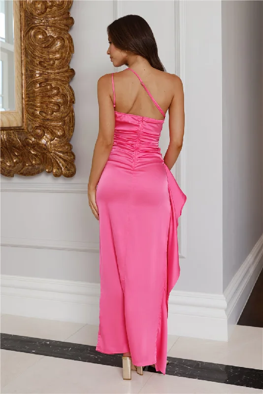 Extra Special One Shoulder Satin Maxi Dress Hot Pink