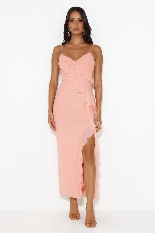 Flaunt It Girl Frill Mesh Maxi Dress Pink