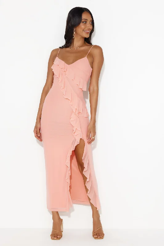 Flaunt It Girl Frill Mesh Maxi Dress Pink