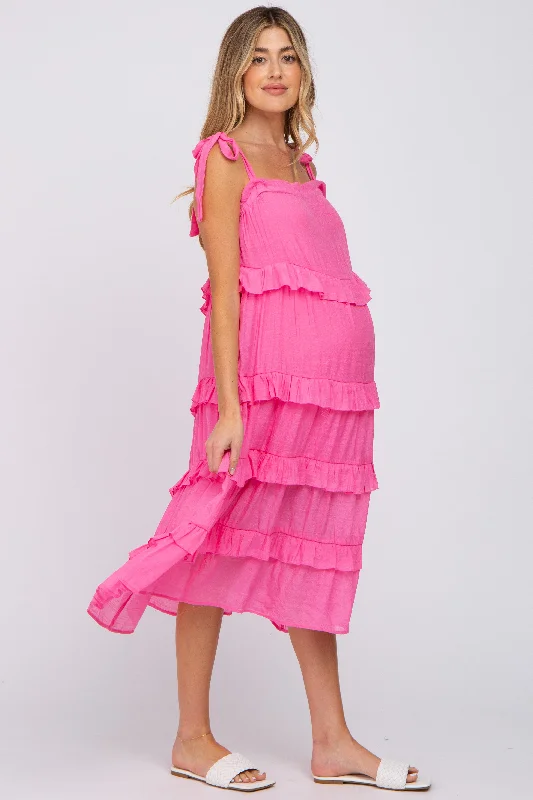 Fuchsia Ruffle Tiered Maternity Midi Dress